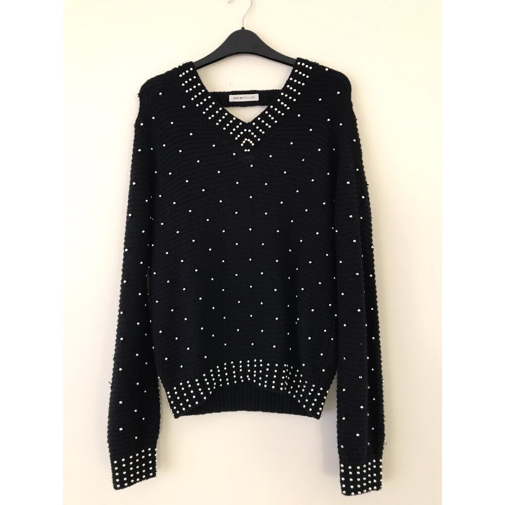 SEE BY CHLOE Black Wool Beads Embellished Jumper Sweater Sz USA 6